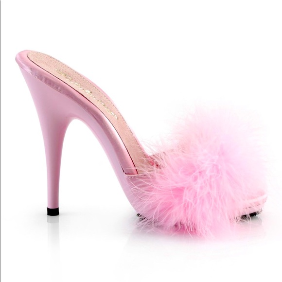 Marabou Fur / Satin Slide Sandal Baby Pink - Picture 2 of 6